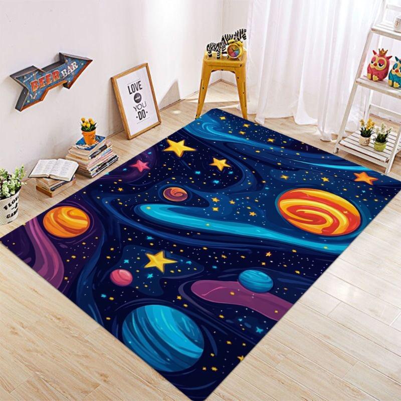 Cartoon Space Galaxy Carpet Mat Rug Colorful Planets Stars Pattern Non-Slip Floor Mat for Kids Room Living Room Home Decoration