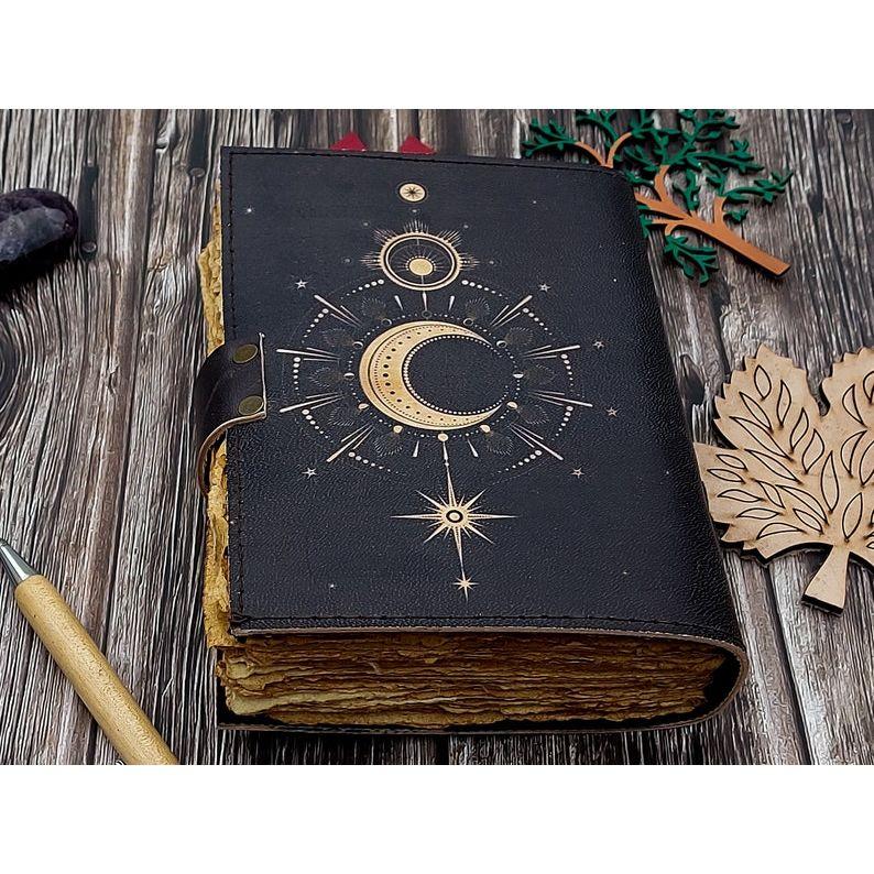 Sun Moon Leather Journal for Men Women 200 Pages of Antique Handmade Deckle Edge Vintage Paper Traveling Sketchbook Book