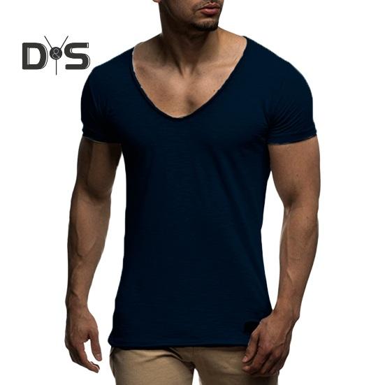 Men Summer T-shirt Short Sleeves V Neck Solid Color Soft Slim Fit Breathable Mid Length Elastic Casual Pullover Men Sport Top