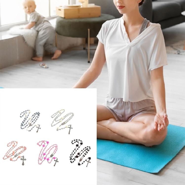 Devotional Rosary Necklace for Women, Acrylic Pearl Beads With Crosses, Fashionable Spiritual Wear