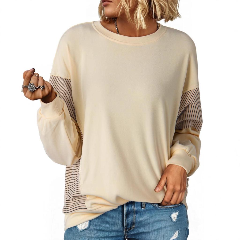 New Autumn and Winter Fashion Striped Color-blocking Round-neck Versatile Casual Long-sleeved Sweatshirt