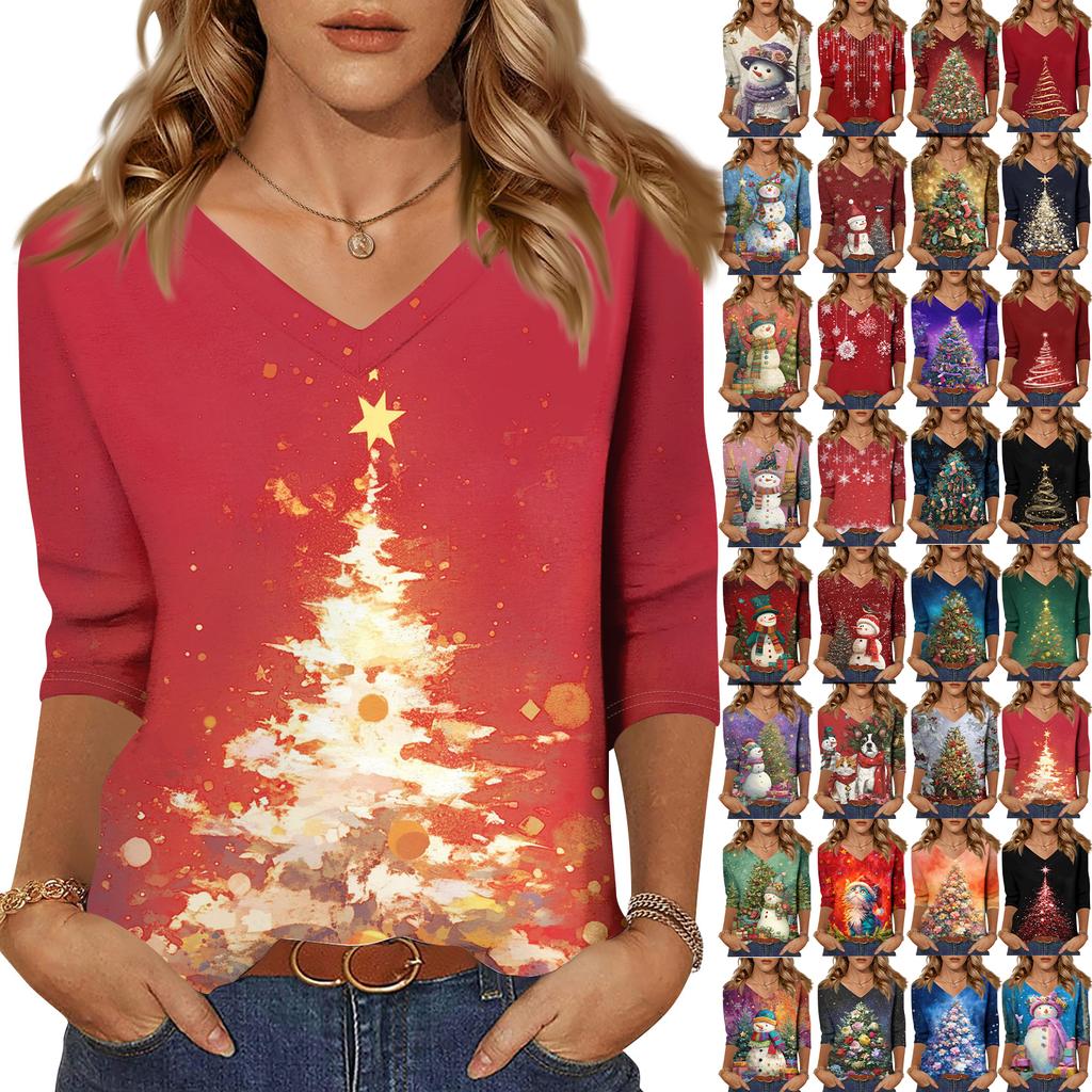 3/4 Sleeve Shirts For Women Print Christmas Tees Blouses Casual Plus Size Basic Tops Pullover