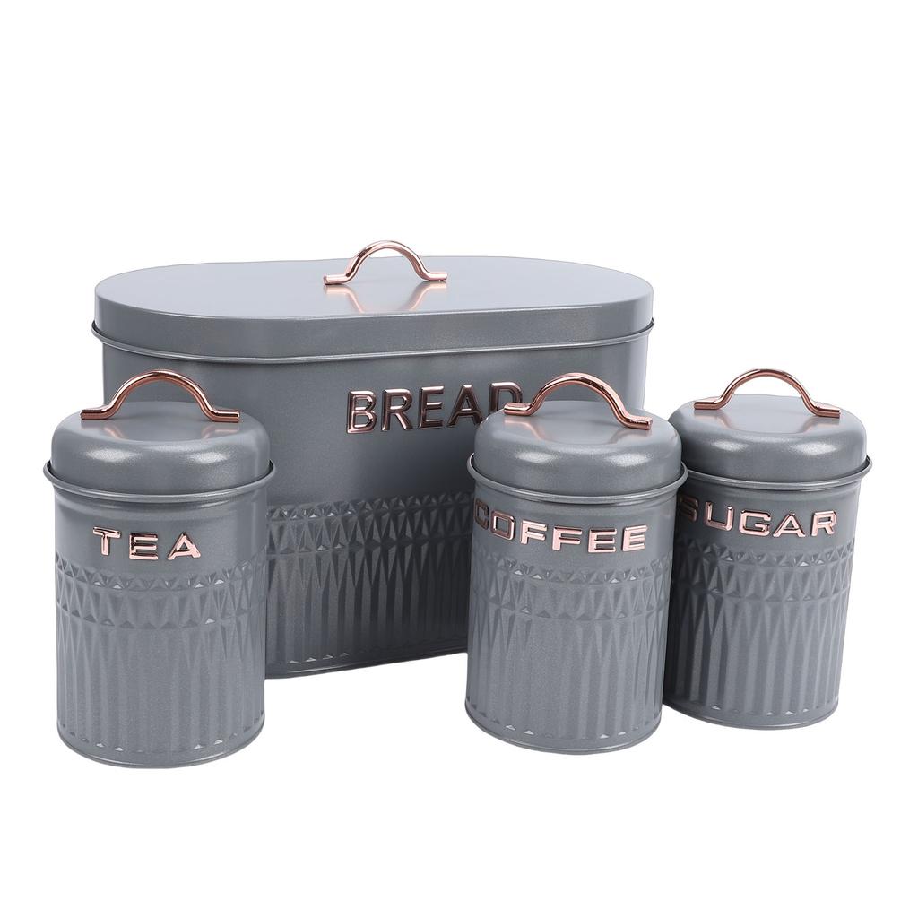Set da 4 pezzi: Porta pane e barattoli in ferro per cucina, Caffè, Tè, Zucchero, Porta pane in metallo per piano di lavoro