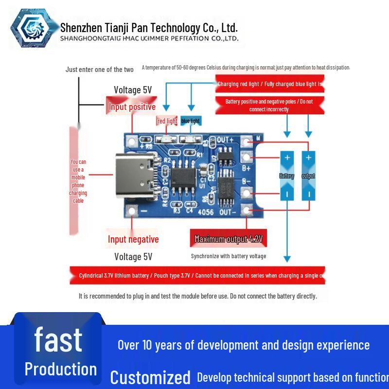 TP4056 1A Type-C Lithium Battery Charger & Protection Module for 18650 Batteries