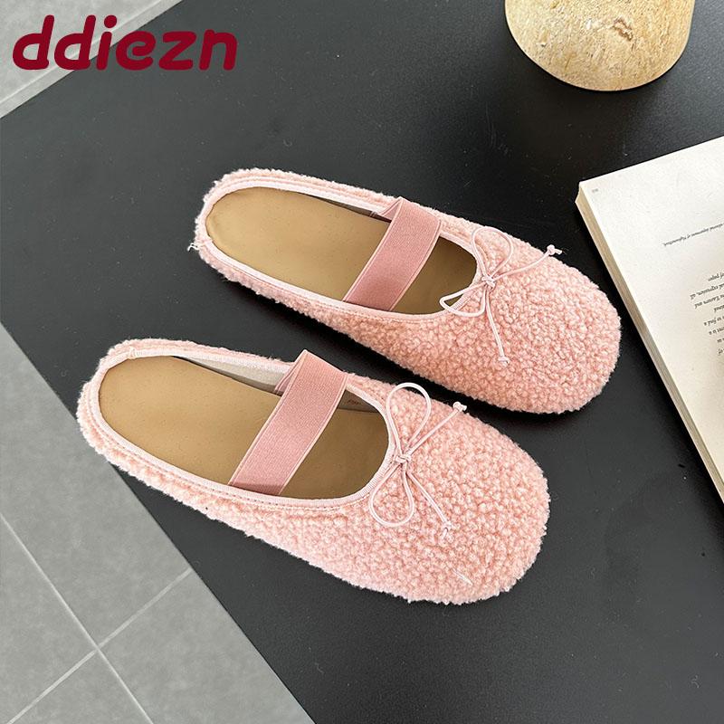 Mode Winter Warm Damen Flach mit Fellschuhen Mode Schmetterlingsknoten Damen Pantoletten Fell Hausschuhe Lässig Outdoor Indoor Weibliche Pantoletten