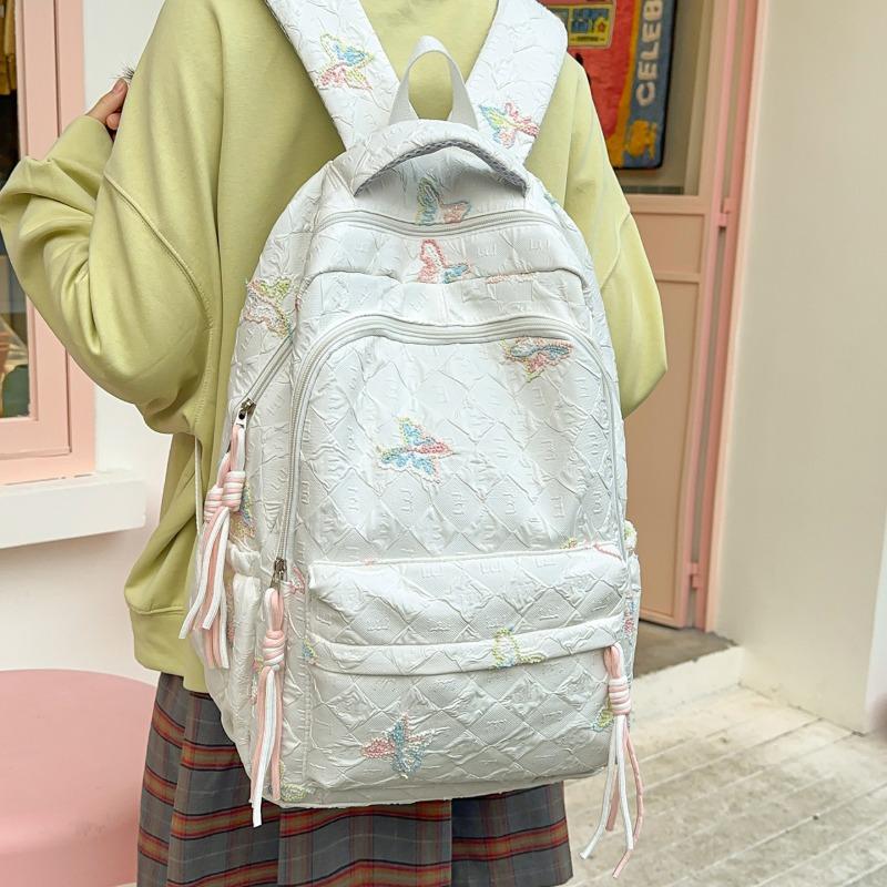 Butterfly Embroidery Backpack Casual Daily Bag Large Capacity School Bag for Students Commuters Minimalist Fashion Design with Tassel Details