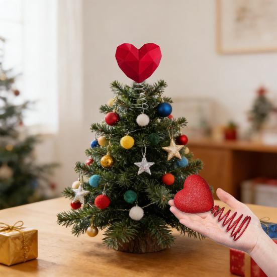 Red Heart Shaped Valentine's Day Tree Topper Romantic 3D Love Heart Ornament with Spiral Base for Wedding Party Holiday Tree Decoration
