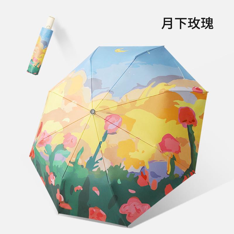 [5 Yuan Off for Newcomers] High-value Folding Automatic Umbrella, Sun and Rain Shading Oil Painting Sun Umbrella