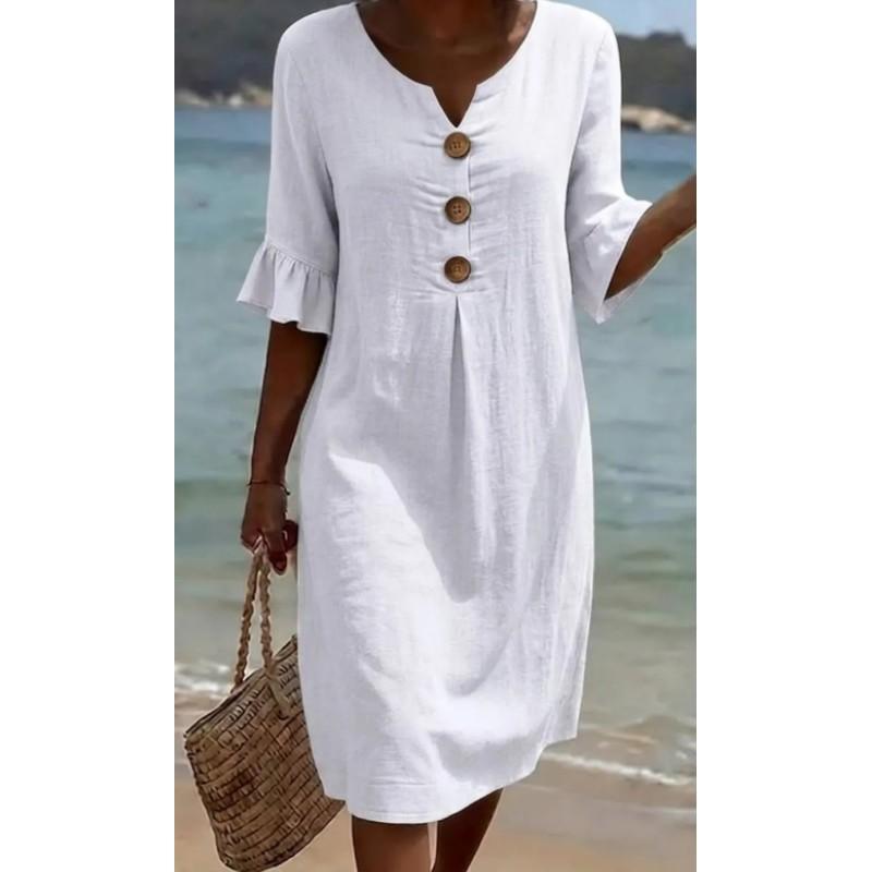 Damen Sommerkleid Unifarben Lässig und Bequem: Kurzärmelig, Mittlere Taille, V-Ausschnitt, Knopfleiste, A-Linie 3XL