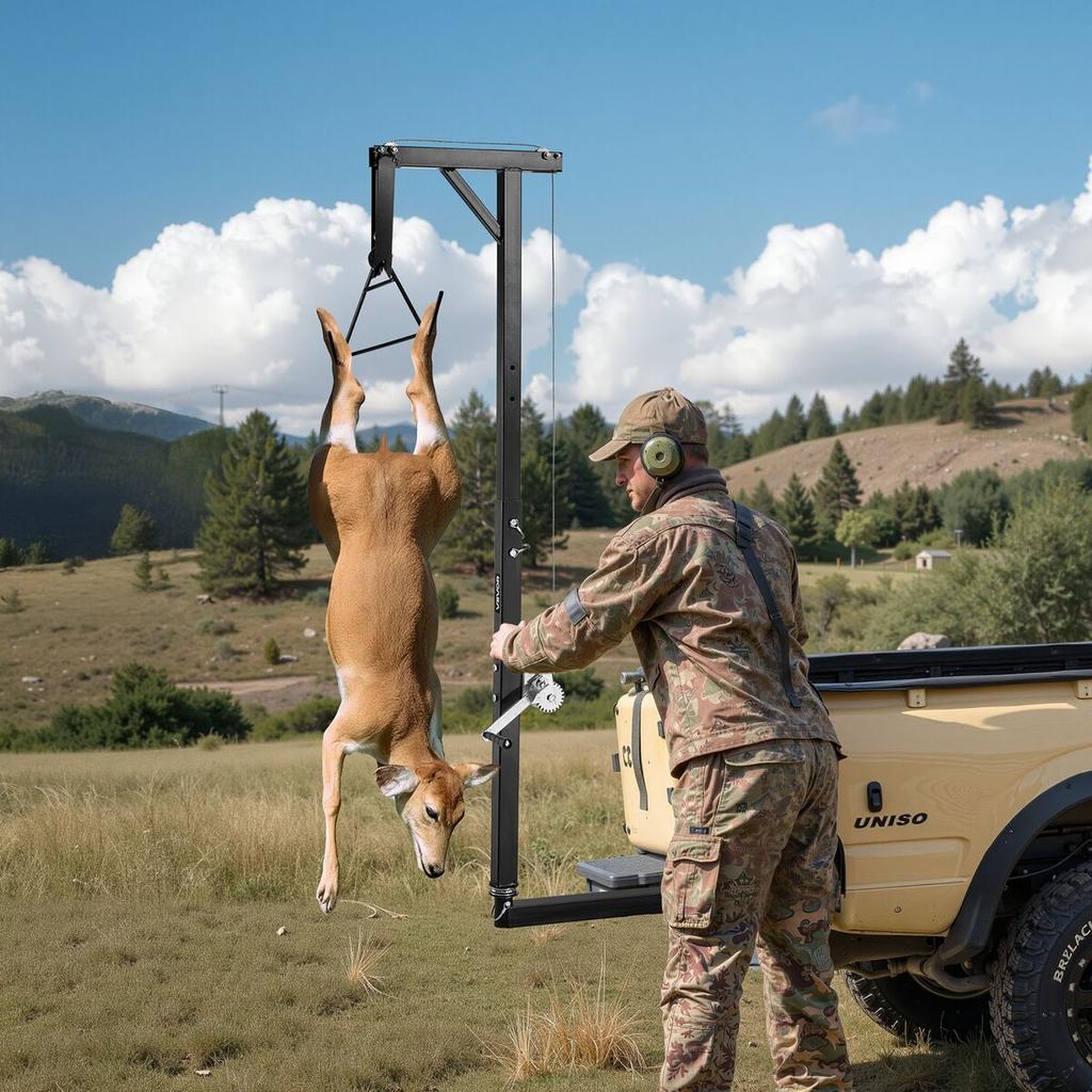 Treuil de Chasse pour Attelage de Camion, Capacité de Charge de 300 lbs, Treuil de Chasse pour Cerf avec Récepteur de 2 Pouces, Tige Pivotante à 360 Degrés et Hauteur Réglable, Inclut un Support pour Carcasse