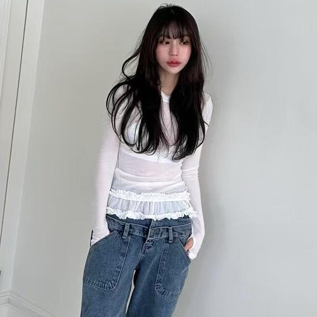 Korean Style 2026 Spring/Autumn Lace Trim Sheer Long Sleeve Women's Top