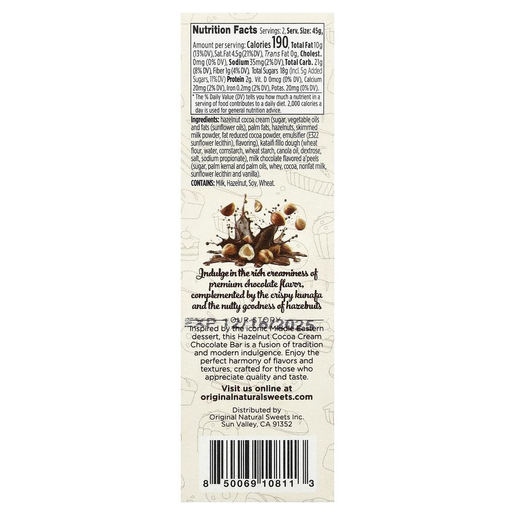 Original Natural Sweets, Middle Eastern Hazelnut Cocoa Cream Bar, 91g (3.2oz)