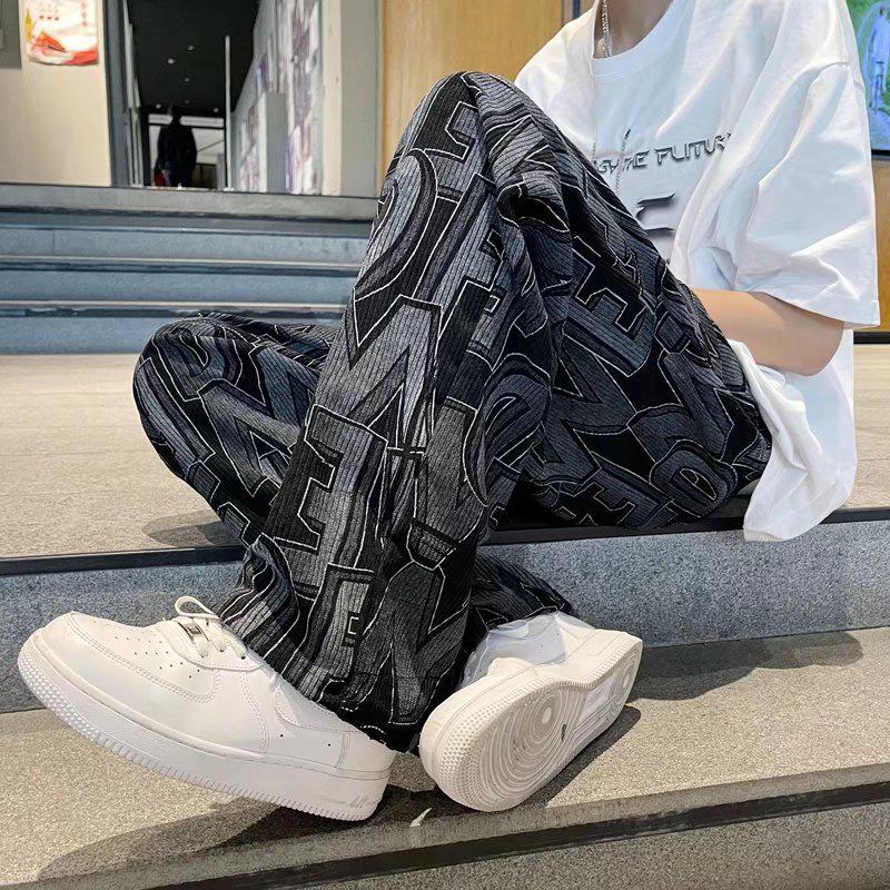 Trendy Corduroy Men's Full-Print Casual Pants: Retro Loose-Fit Straight Trousers for Spring & Autumn