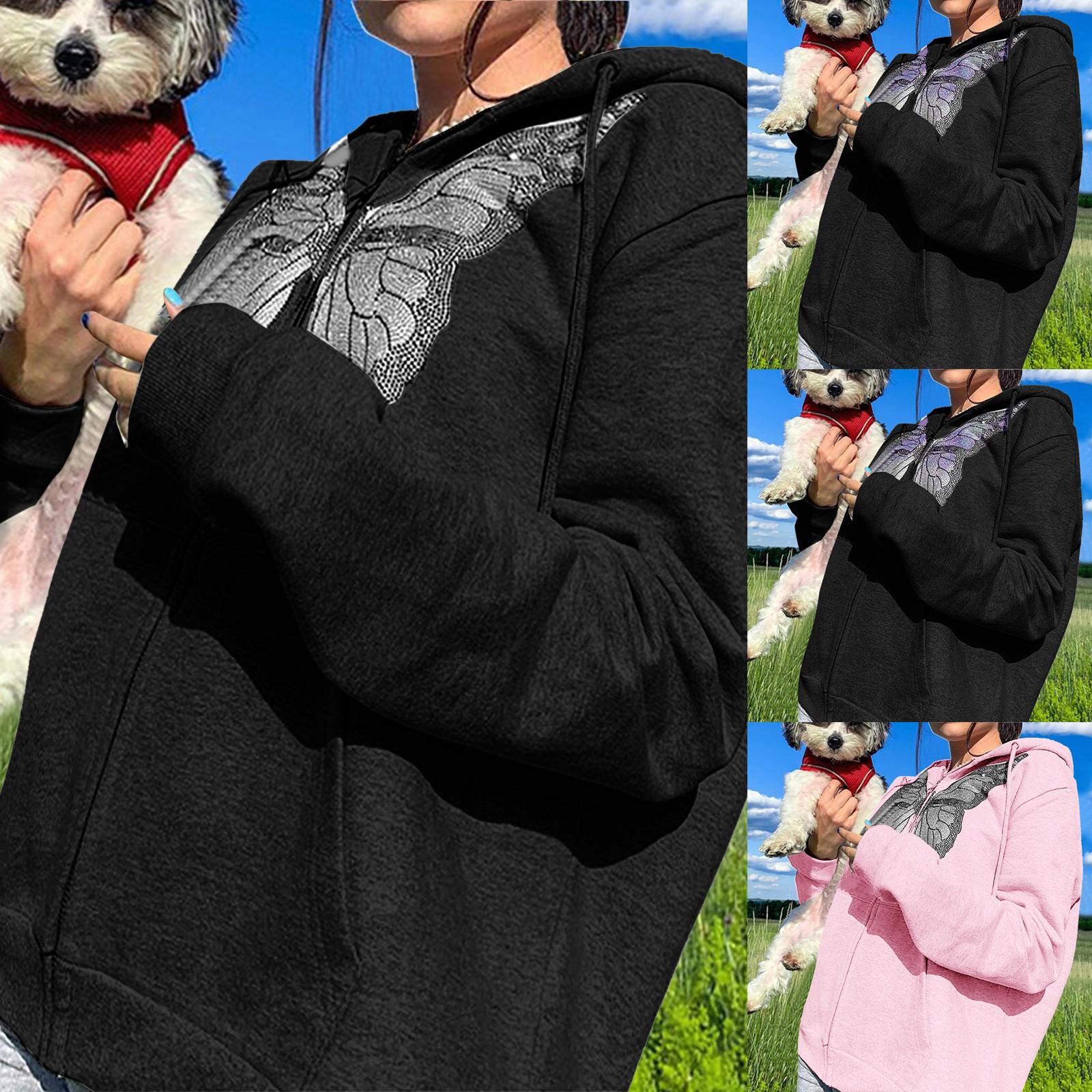 

Женская мода Свободный кардиган с принтом бабочки и молнией Свитер Топ