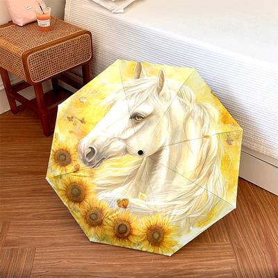 1 PC Automatic Folding Umbrella - White Horse Sunflowers Pattern, Portable & Foldable Design with 8 Ribs, Christmas Birthday Gifts