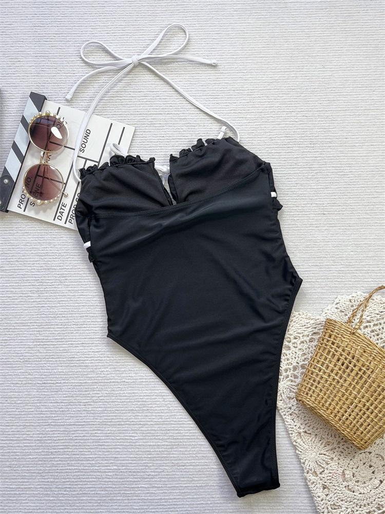 Off Shoulder One Piece Suits 2025 Ruffles Swimwear For Women Swimsuits Solid Bathing Suit Pleated Bodysuit High Waist Swimming