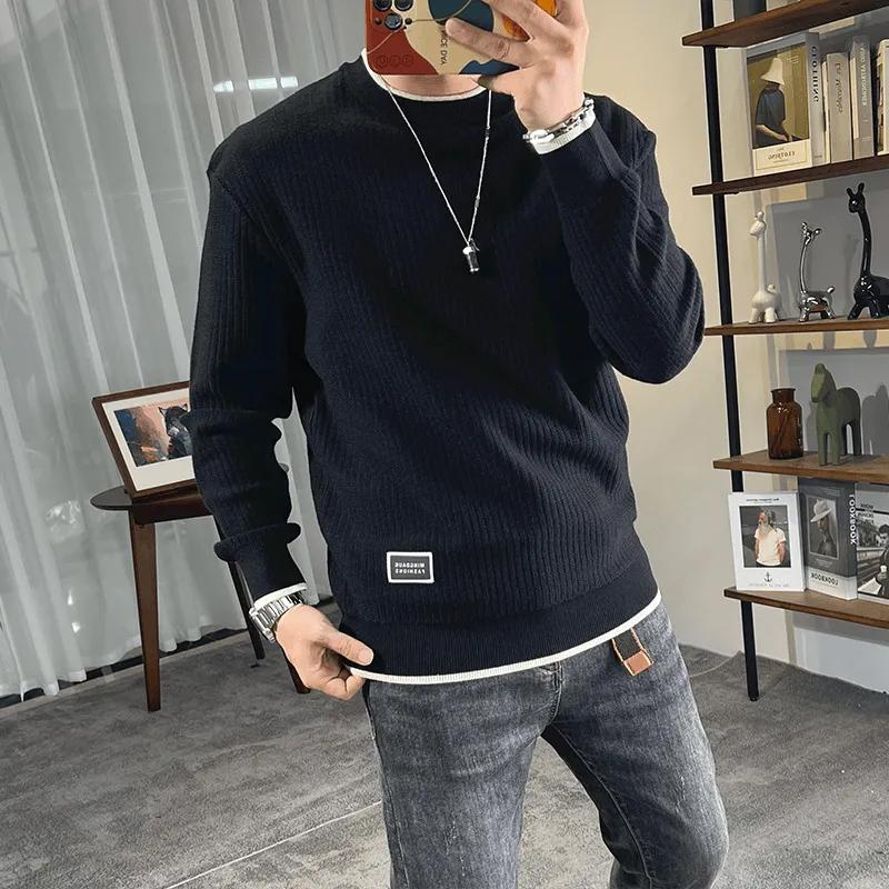Round Neck Men's Sweater Thickened Sweater Autumn and Winter Men's Wear Warm All-Matching Sweater Slim Bottoming Fashion Brand Cotton Knitwear