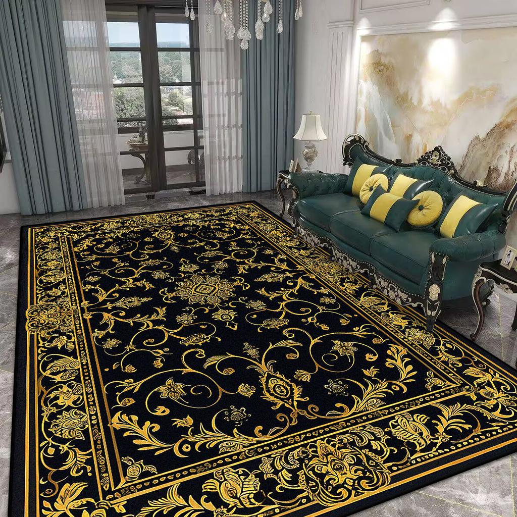 Home Decoration Luxury Black Living Room Rug Antiskid Golden Border Gaming Room Carpet Big Size Soft Entrance Door Mat Washable