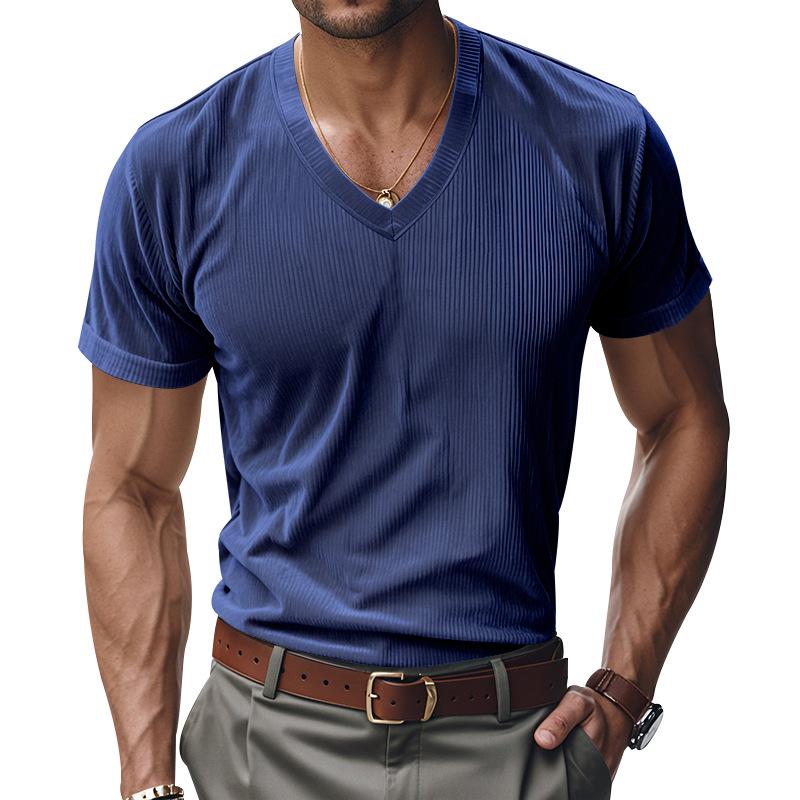 Men's Knit Tshirt Solid Color Short-Sleeved V-neck Slim Fit Casual Summer Basic Tee