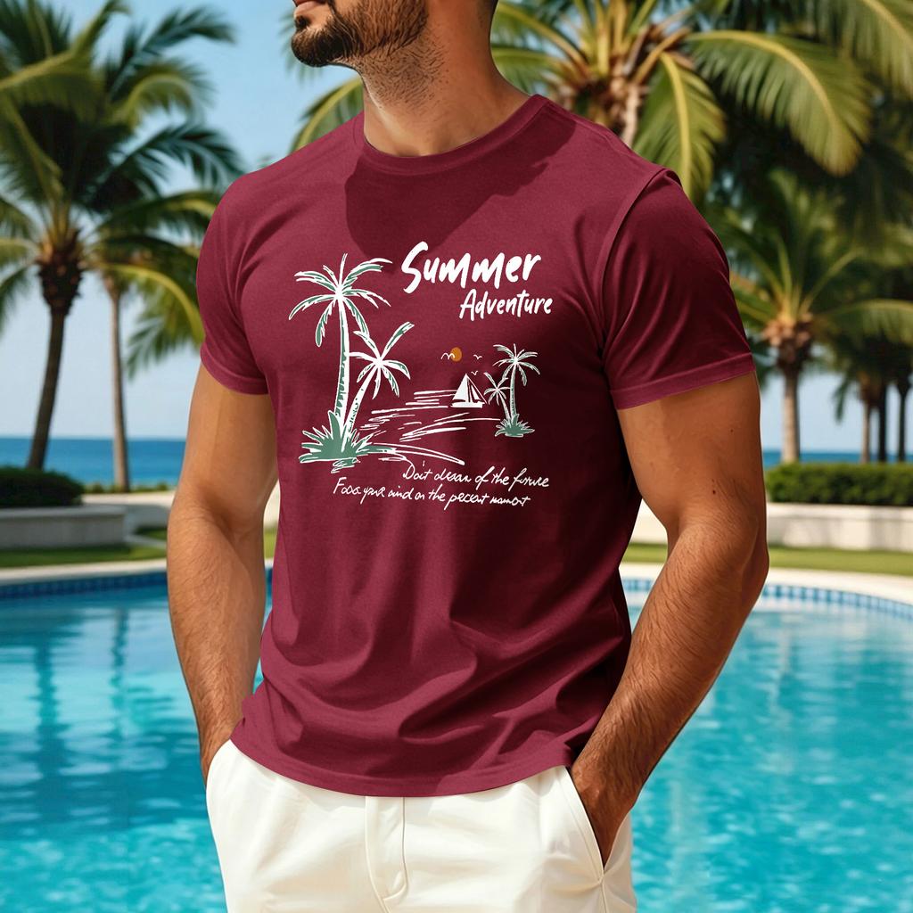 T-shirt décontracté d'été à manches courtes pour homme en tissu soie glacée séchage rapide respirant léger col rond imprimé pour activités de plein air