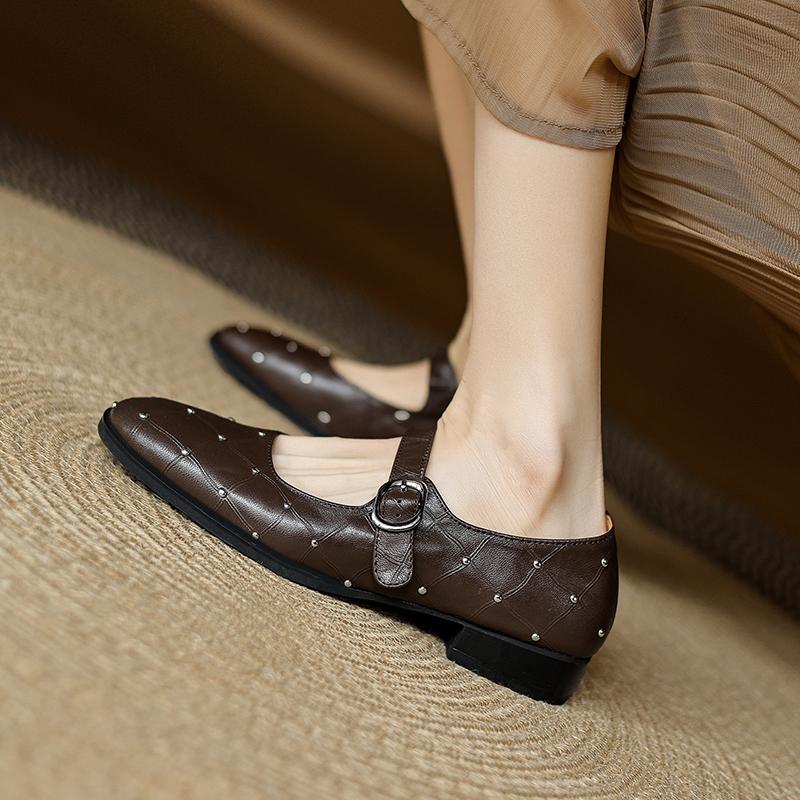 Fashion 2025 New Woman Buckles Spring Pumps Genuine Leather Shoes for Woman Rivets Mary Jane Party Wedding Shoes Woman Dance Pumps