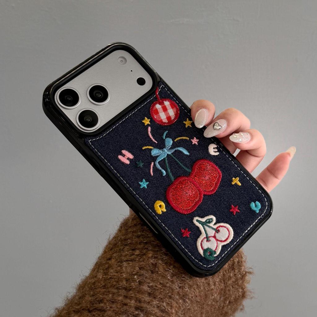 Fireworks Cherry Embroidered Denim Phone Case for iPhone 14/15/16/17 Pro Max