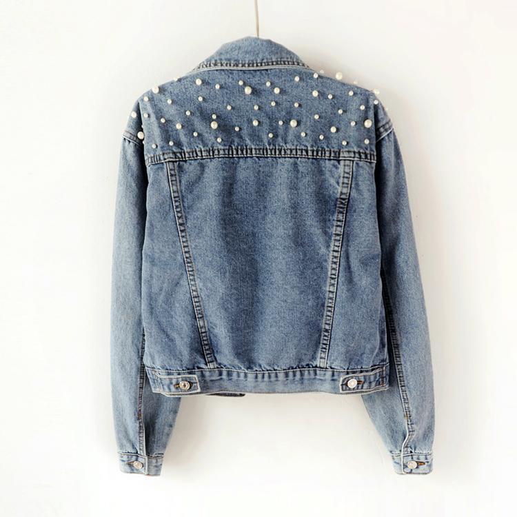 2025 Women's Plus Size Light Blue Denim Jacket with Beaded Rhinestones
