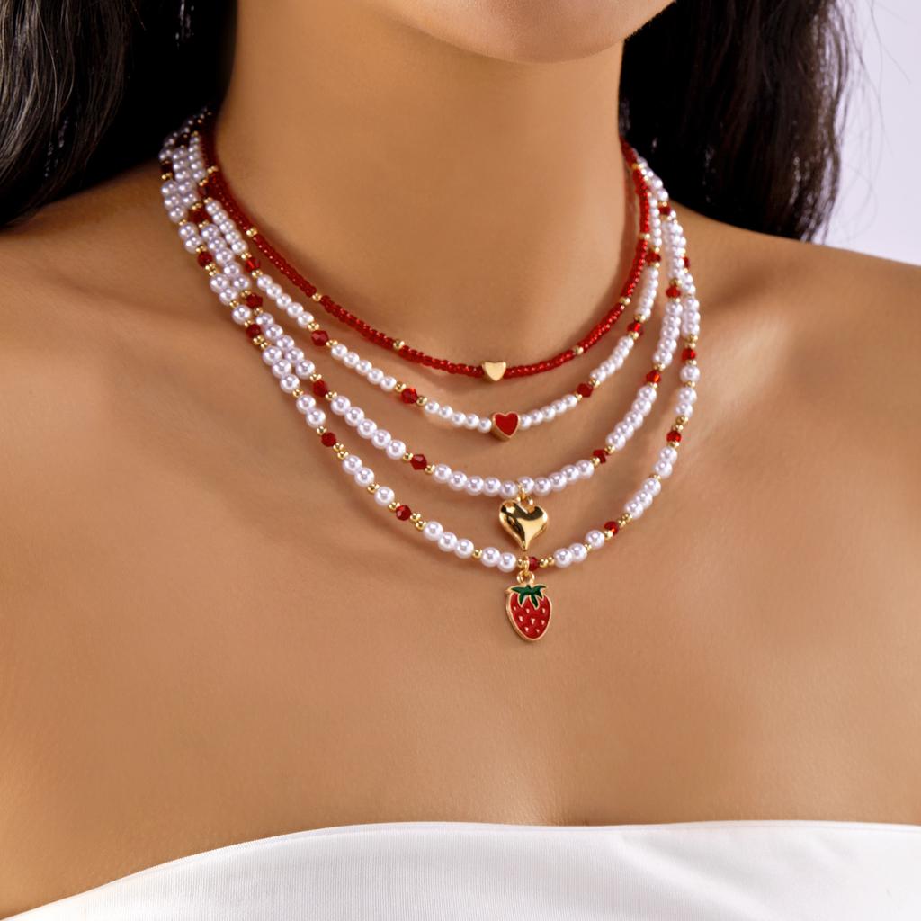 Trendy Red Fruit Cherry Beads Pendant Pearl Beaded Necklace For Women Trendy Party Clavicle Choker Jewelry Holiday Gift