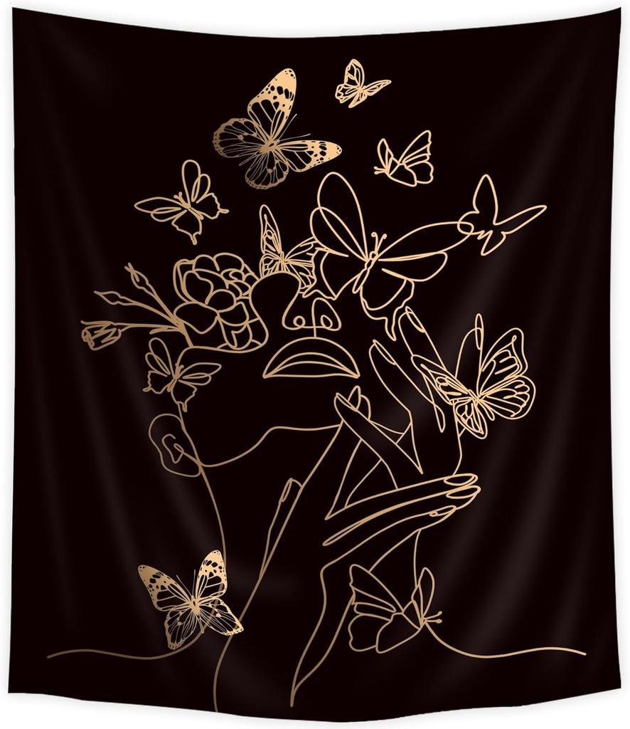 Abstract Woman Face Tapestry Floral Leaves Butterfly Art Line Lady Beige Black Flower Aesthetic Modern Sketch Minimalist Simple
