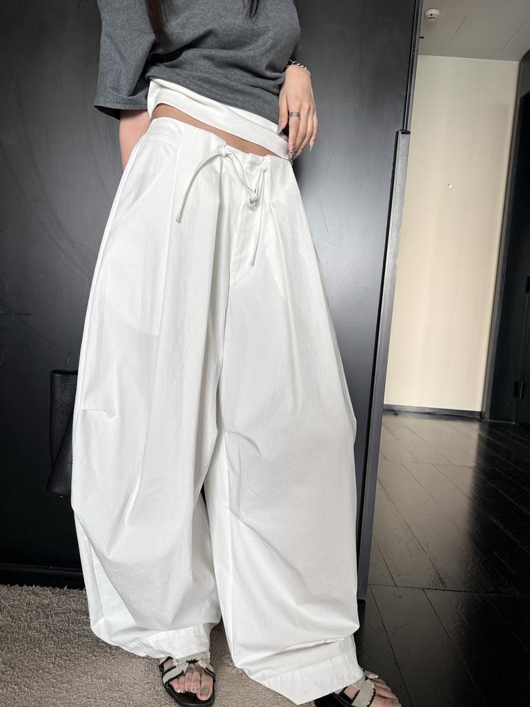 Womens White Drawstring Waist Wide Leg Pants Solid Color Casual Loose Fit Trousers
