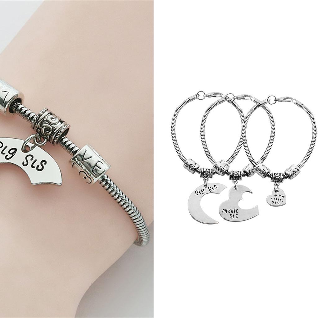Pack of 3 Jewelry Bracelets for Best Friend Symbolizing Sisterhood Heart Design Big Sis Middle Sis Little Sis Theme Adjustable Zinc Alloy Gift