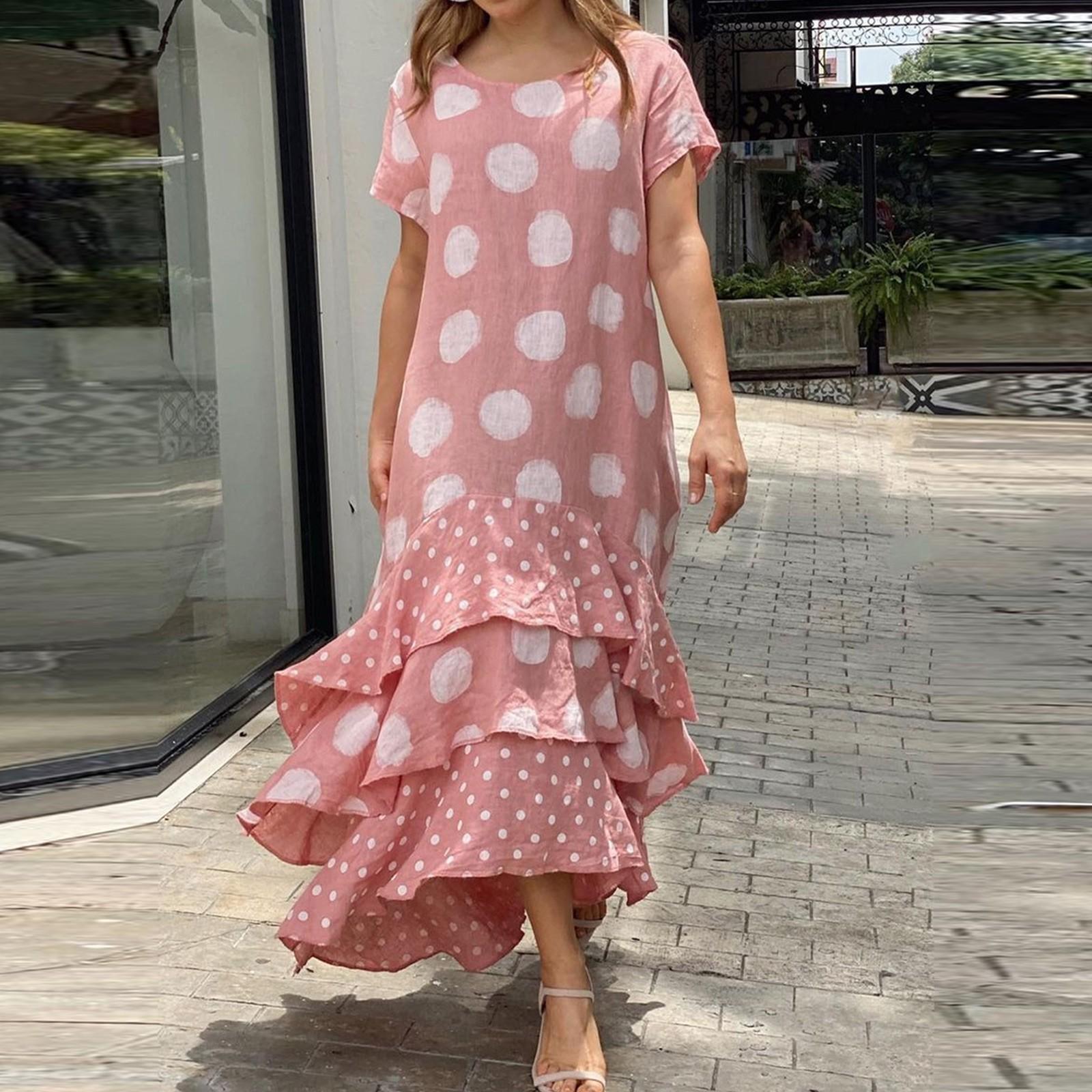 

Женские повседневные летние платья с короткими рукавами, весеннее лоскутное платье миди с круглым вырезом и цветочным принтом в стиле бохо XL розовый