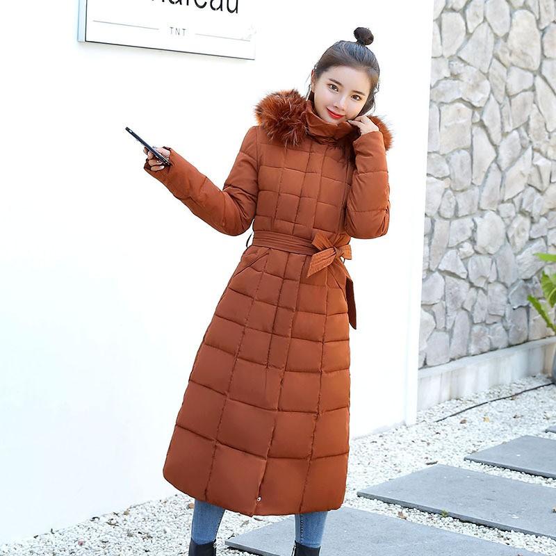 Womens Long Puffer Coat With Faux Fur Collar Winter Slim Fit Hooded Parka