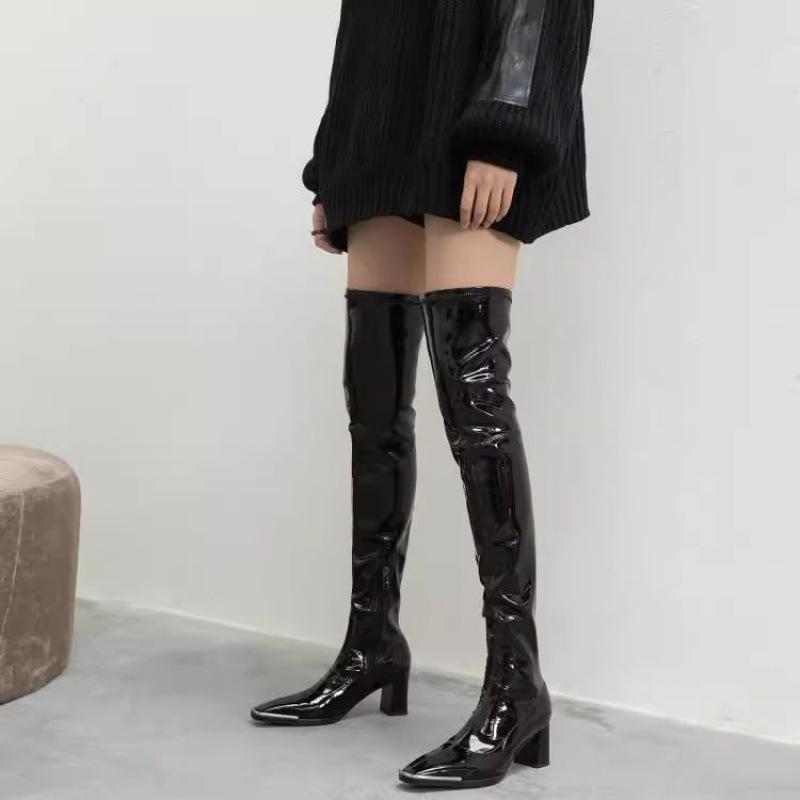Sleek Kendall Jenner Patent Leather Thigh-High Boots - Autumn/Winter Collection with Elastic High Heels and Plus Velvet Finish