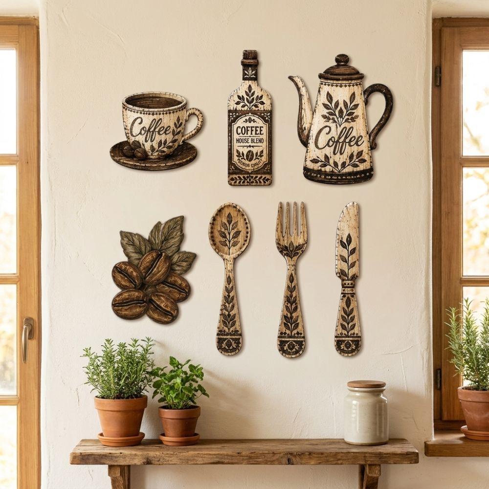 7 Stück rustikale distressed florale Kaffee-Element Wandplaketten Esszimmer Wanddekorations-Set Restaurant