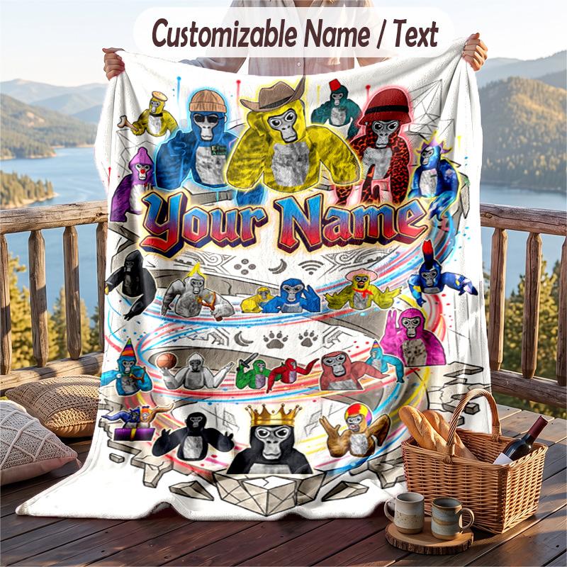 Gorilla Tag cartoon Flannel Blanket, Personalized Custom Name Text, Soft Warm Plush Throw Blanket For Gift