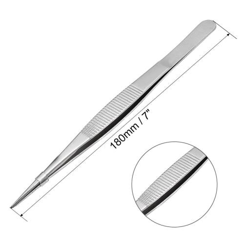uxcell Stainless Steel Straight Pointed Tweezers with Serrated Tips, Daily Garden Tool, 180mm