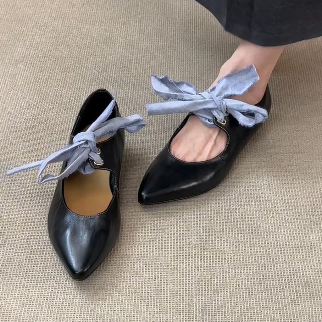 Sheepskin Version~ Retro Pointed Head Bow Ballet Single Shoes Lace-up Low-heeled Mary Jane Shoes Light Mouth Temperament Flats