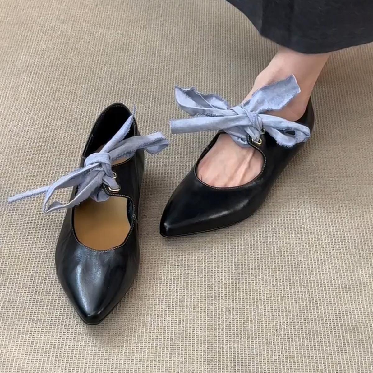 

Версия из овчины~ ретро туфли-балетки с острым носком и бантом на шнуровке, на низком каблуке, Мэри Джейн, с открытым верхом, темпераментные балетки 40