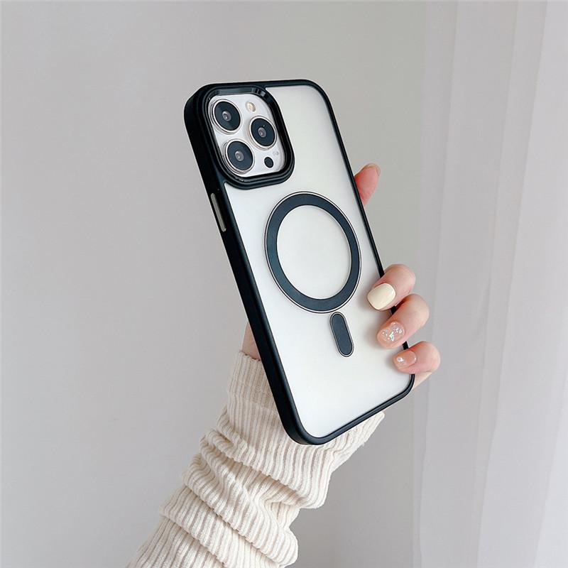 Custodia Trasparente Colorata Opaca Anti-impronte in TPU + Acrilico per iPhone 15 14 13 12 11 Pro Max Plus Anello Metallico Foro Grande Lente Posteriore Magnetico