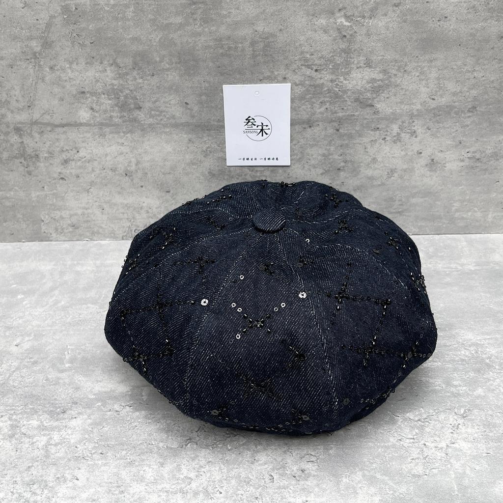 25 Stylish Small V-Face High Quality Plaid Sequins Washed Denim Octagonal Hat Women'S Street Beret