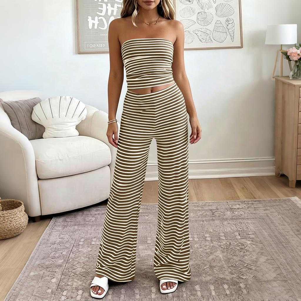 Damen Casual Trägerloses Schlauchtop und Weite Hosen Set Elastischer Bund Zweiteiliges Loungewear Outfit für Urlaub und Zuhause