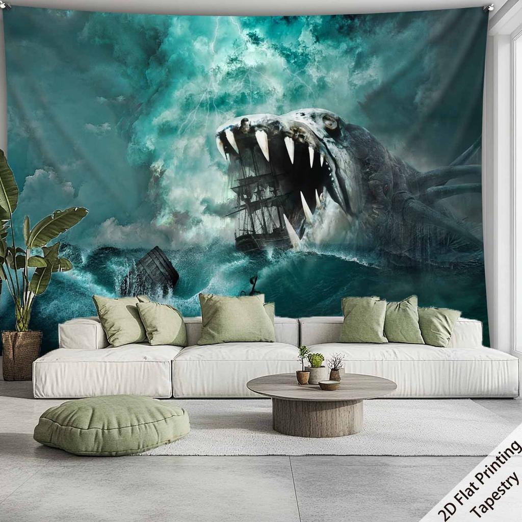 Sea Monster and Ship Theme Digital Printing Polyester Wall Tapestry Suitable for Use In Living Rooms Bedrooms Offices Bars Party