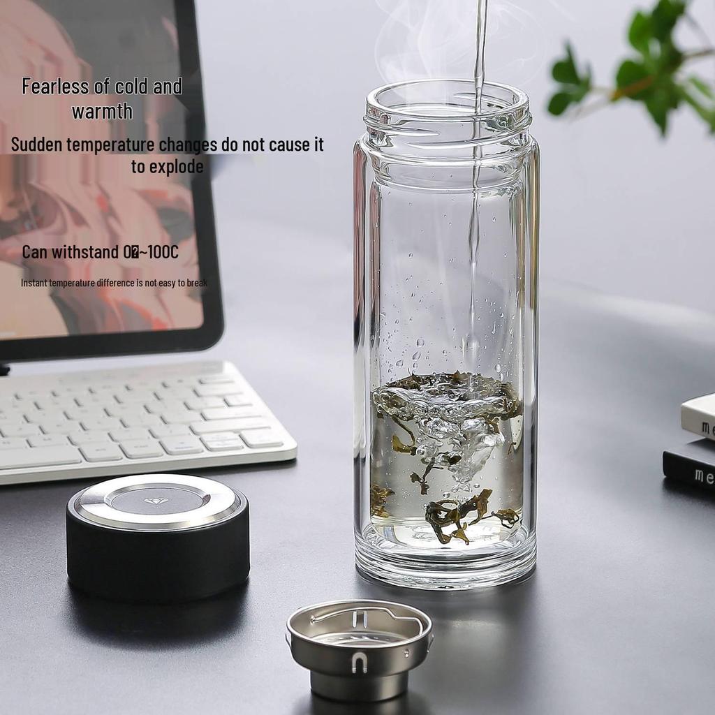 Custom Engraved Double-Layer Borosilicate Glass Tea Cup with Screw Cap