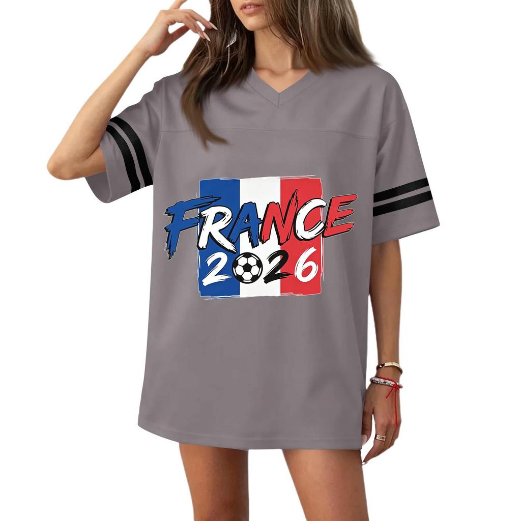 Women V Neck Short Sleeve Loose Fit Sports T Shirt with Flag Graphic and Number Print for Casual or Athletic Wear 2026