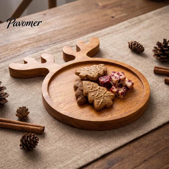 Solid Wood Appetizer Platter Christmas Tree And Elk Serving Tray, Durable Partitioned Wooden for Guests Food Platter, Decorative Dinnerware