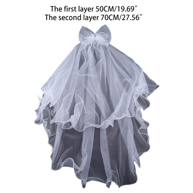 Wedding Veil with Metal Comb Wedding Hair Accessories for Flower Girl 2 Tier Longest Tulle 28" Embellished with Bow