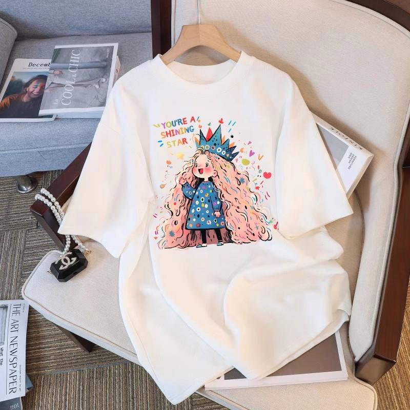 Women's Summer 2026 Cartoon Printed White Loose-Fit Short-Sleeve T-Shirt, Plus Size, Round Neck, Mid-Length, Fashionable.