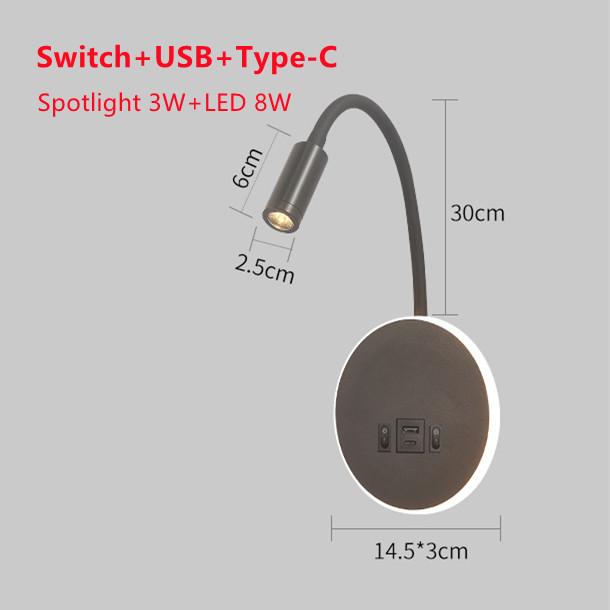Modern LED Bedside Wall Lamp Bedroom Type-C Lamp Telescopic Hotel Reading Lamp Indoor USB Adjustable Angle Wall Light