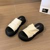 Fashion 2025 New Thick-Soled Height-Increasing Wrinkled Leather One-Line Flip-Flops for Women Soft Leather Bottom Cool Slippers